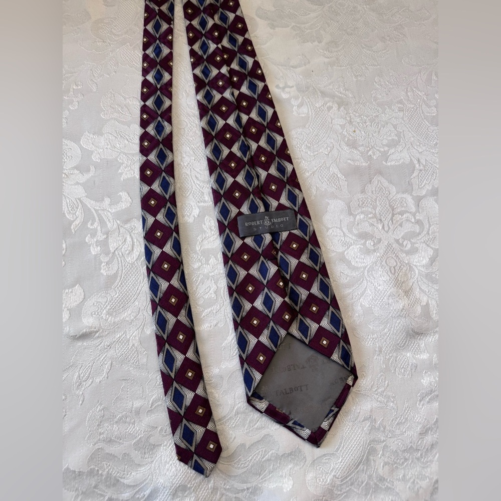 Robert Talbott Studio Maroon Blue Diamond Silk Tie Paisley USA Old Money Dapper - Picture 8 of 9